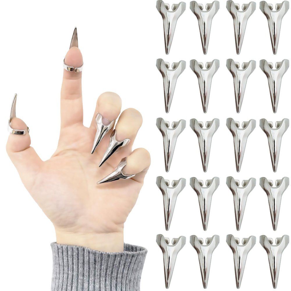 20 Pack Silver Claw Rings Adjustable Gothic Metal Nail Tips for Halloween Cosplay Punk Rock Party Costume Accessories