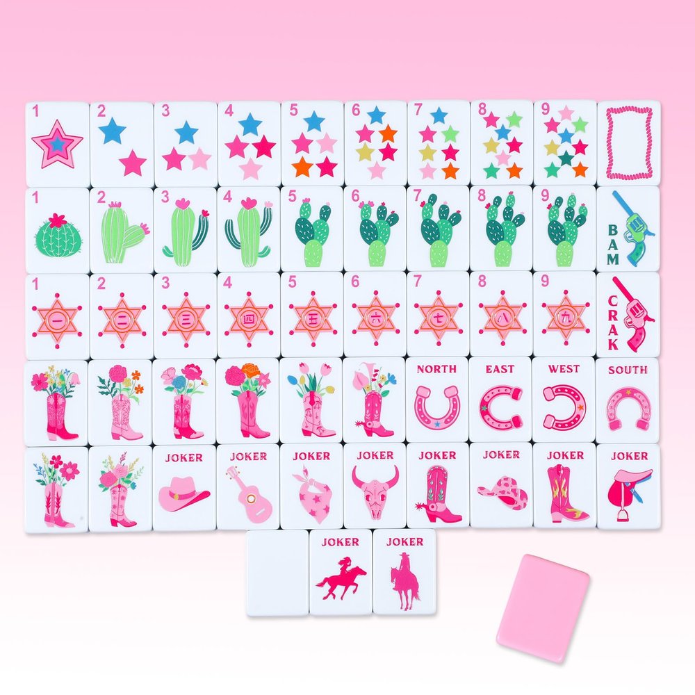 Arrowbash 160 Pcs Pink Cowgirl American Mahjong Set, 1.2 x 0.87 Inches Western Mahjong Tiles, Hand Carved Pattern for Adult Mah Jong Social Games, Beginners, Mah Jong Lovers