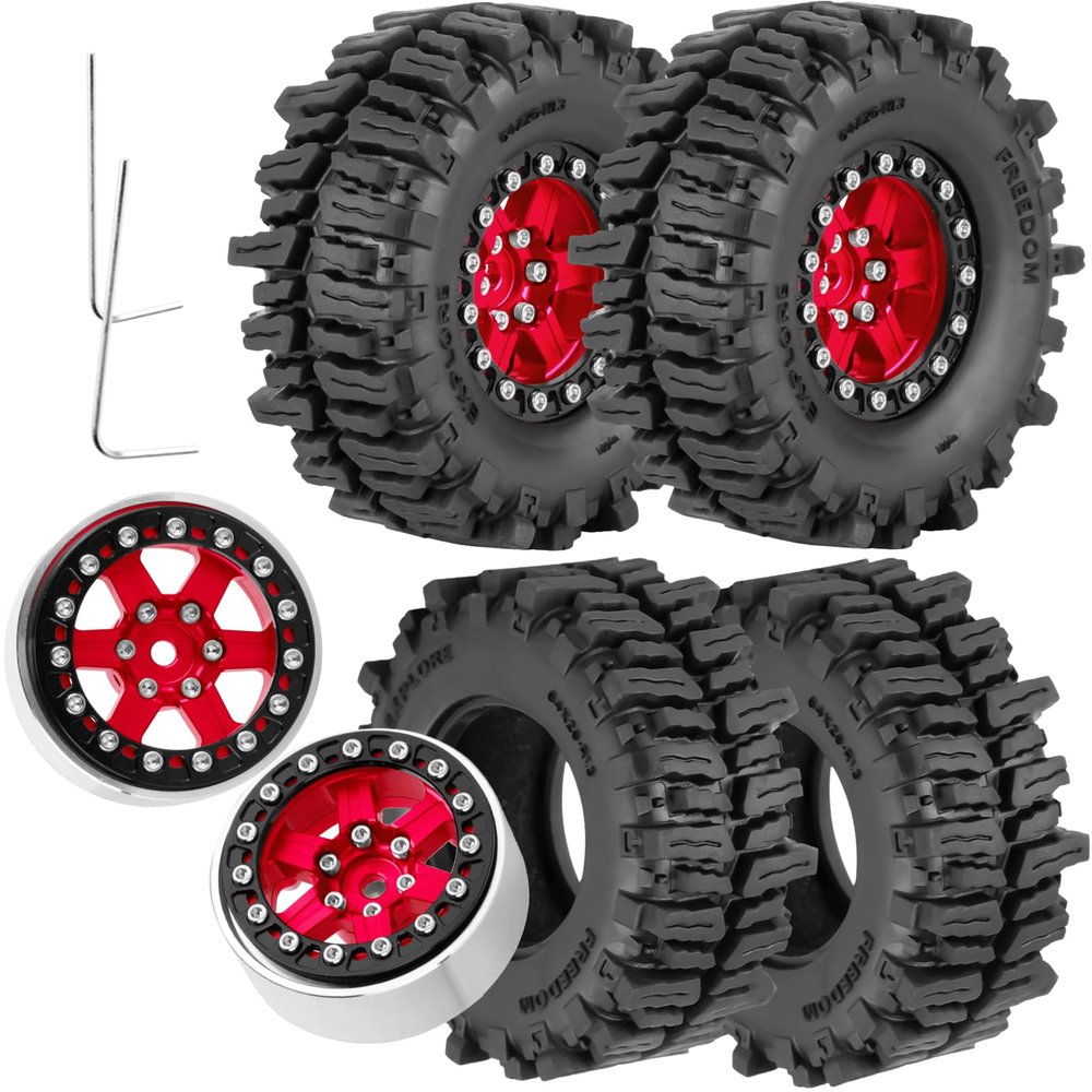 RCHuiWow 1.3 Beadlock rc Wheels and Tires for 1/18 TRX4M,Ascent-18,1/24 SCX24,FCX24,1.3" Beadlock Alloy Aluminium Rims w/Rings & All Terrain Tires,Red