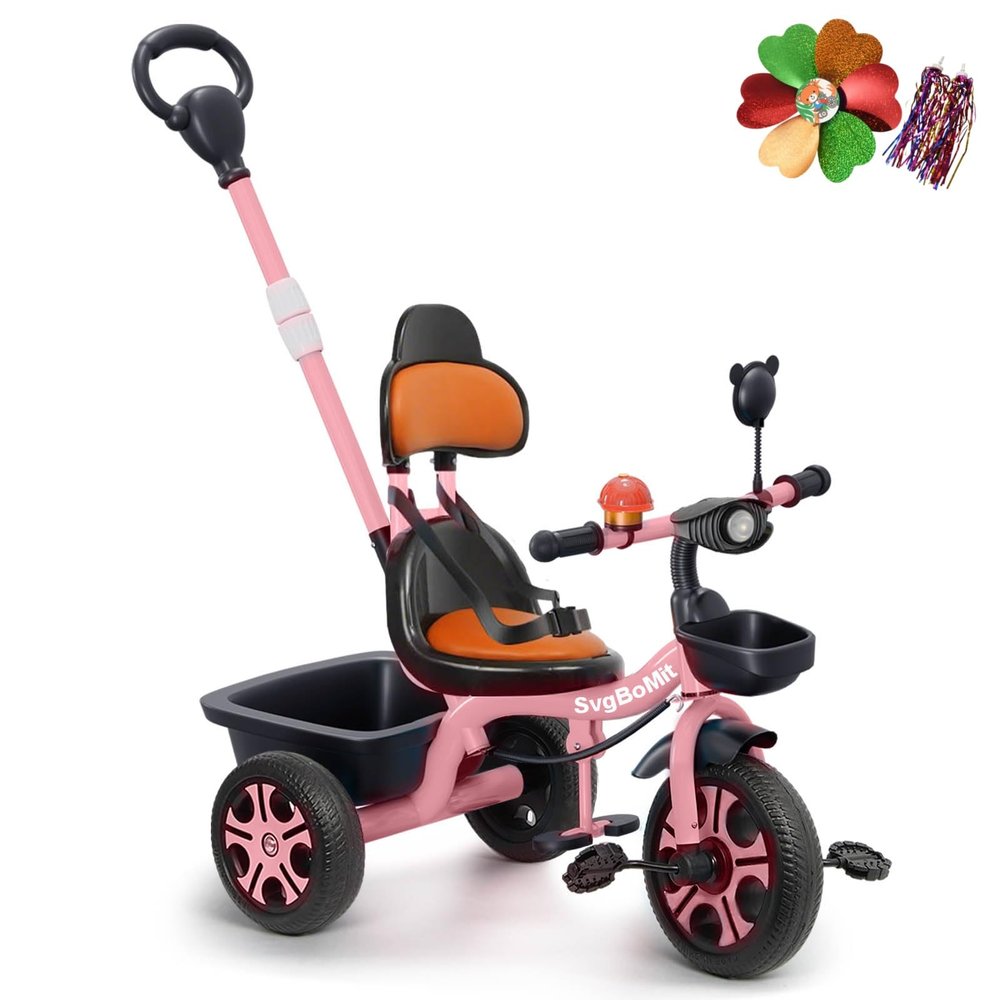 SvgBoMit Kids Tricycle with Extended Push Bar, Stable Triangle Structure, Adjustable Parent Handle, Storage Basket, Safety Belt, Blue, for Ages 2-5 Years, 110 lbs Max Weight (Pink)