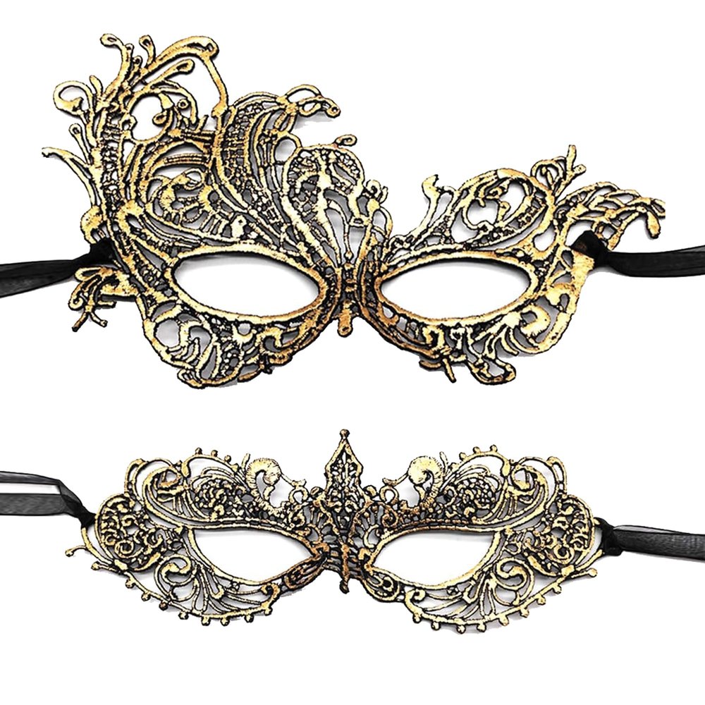 AMWYODK 2-piece set of Venice thickened lace masks, suitable for role-playing masquerade, Halloween and carnival. (Golden)