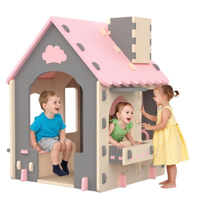 Kids Playhouse Kitchen Theme, Indoor Outdoor EVA Play House for Toddlers, Soft Foam Playhouse for Kids Outdoor & Indoor Pretend Play, Easy Assembly Play House Outside (Pink Gray Beige, Style 1)