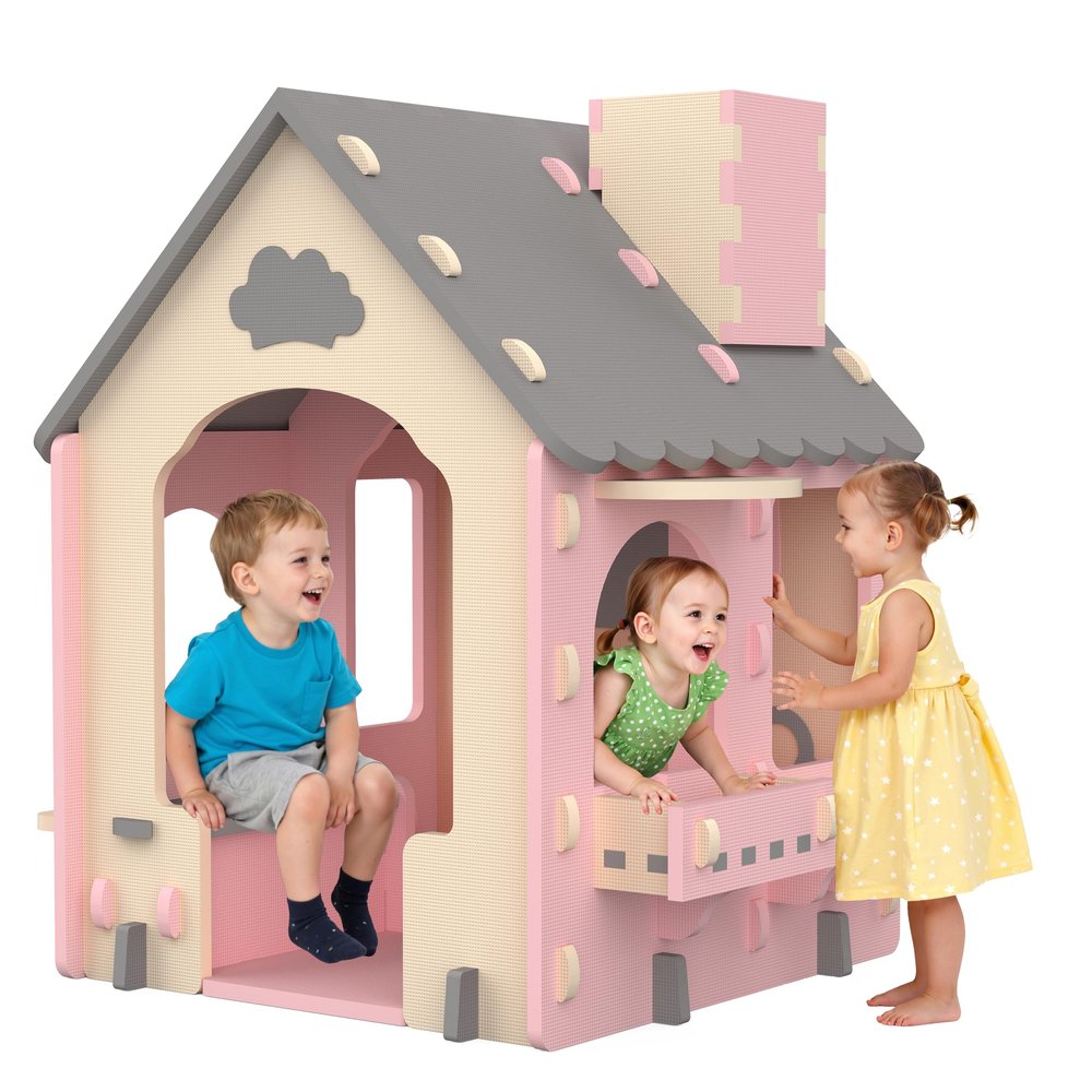 Kids Playhouse Kitchen Theme, Indoor Outdoor EVA Play House for Toddlers, Soft Foam Playhouse for Kids Outdoor & Indoor Pretend Play, Easy Assembly Play House Outside (Pink Gray Beige, Style 3)