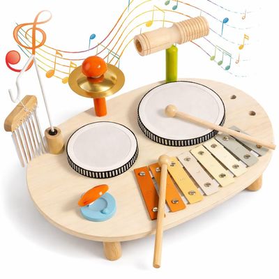 Baby Drum Set for Toddlers 1-3, Wooden Baby Musical Instruments,Montessori Toys for 1 Year Old with Baby Musical Instruments with Bongo Drums, Cymbals, Maracas...Perfect First Birthday Gift for Kids