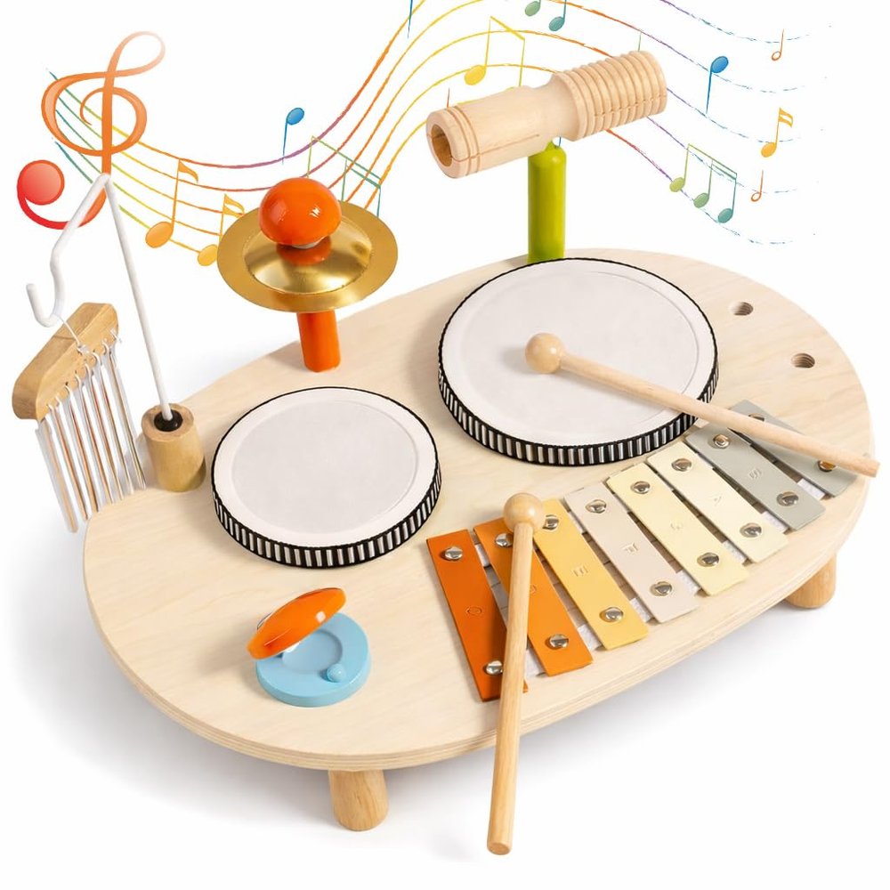 Baby Drum Set for Toddlers 1-3, Wooden Baby Musical Instruments,Montessori Toys for 1 Year Old with Baby Musical Instruments with Bongo Drums, Cymbals, Maracas...Perfect First Birthday Gift for Kids