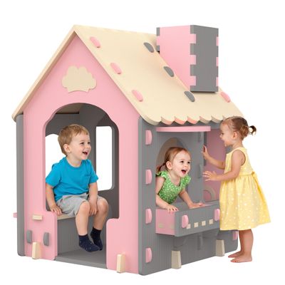 Kids Playhouse Kitchen Theme, Indoor Outdoor EVA Play House for Toddlers, Soft Foam Playhouse for Kids Outdoor & Indoor Pretend Play, Easy Assembly Play House Outside (Pink Gray Beige, Style 2)