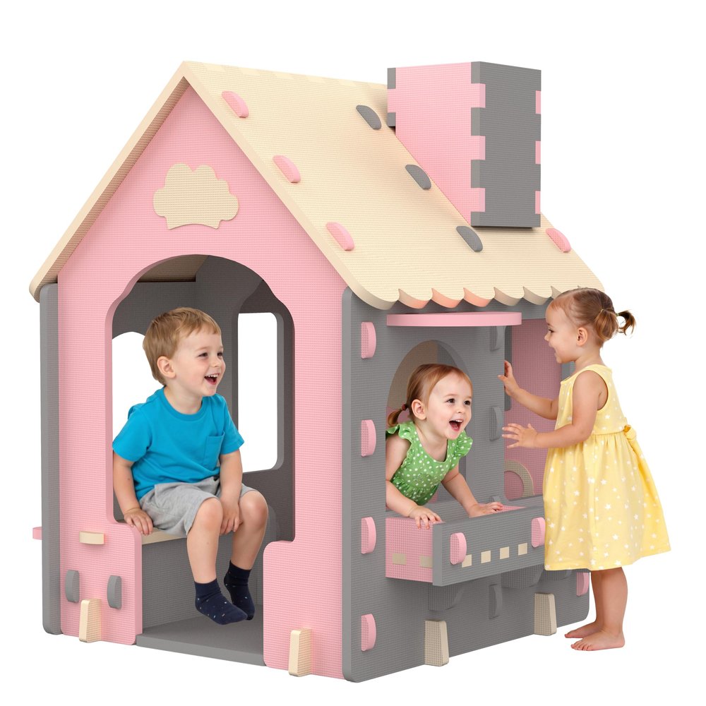 Kids Playhouse Kitchen Theme, Indoor Outdoor EVA Play House for Toddlers, Soft Foam Playhouse for Kids Outdoor & Indoor Pretend Play, Easy Assembly Play House Outside (Pink Gray Beige, Style 2)