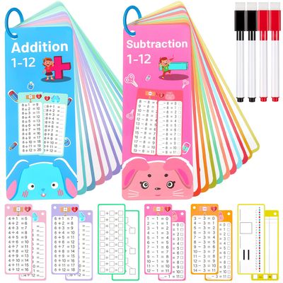 30Pcs Addition and Subtraction Flash Cards, Math Flash Card with 4 Dry Erase Pens 2 Rings, Time Table Flash Cards for 1st to 3rd Grades Fun Learning with Math Game