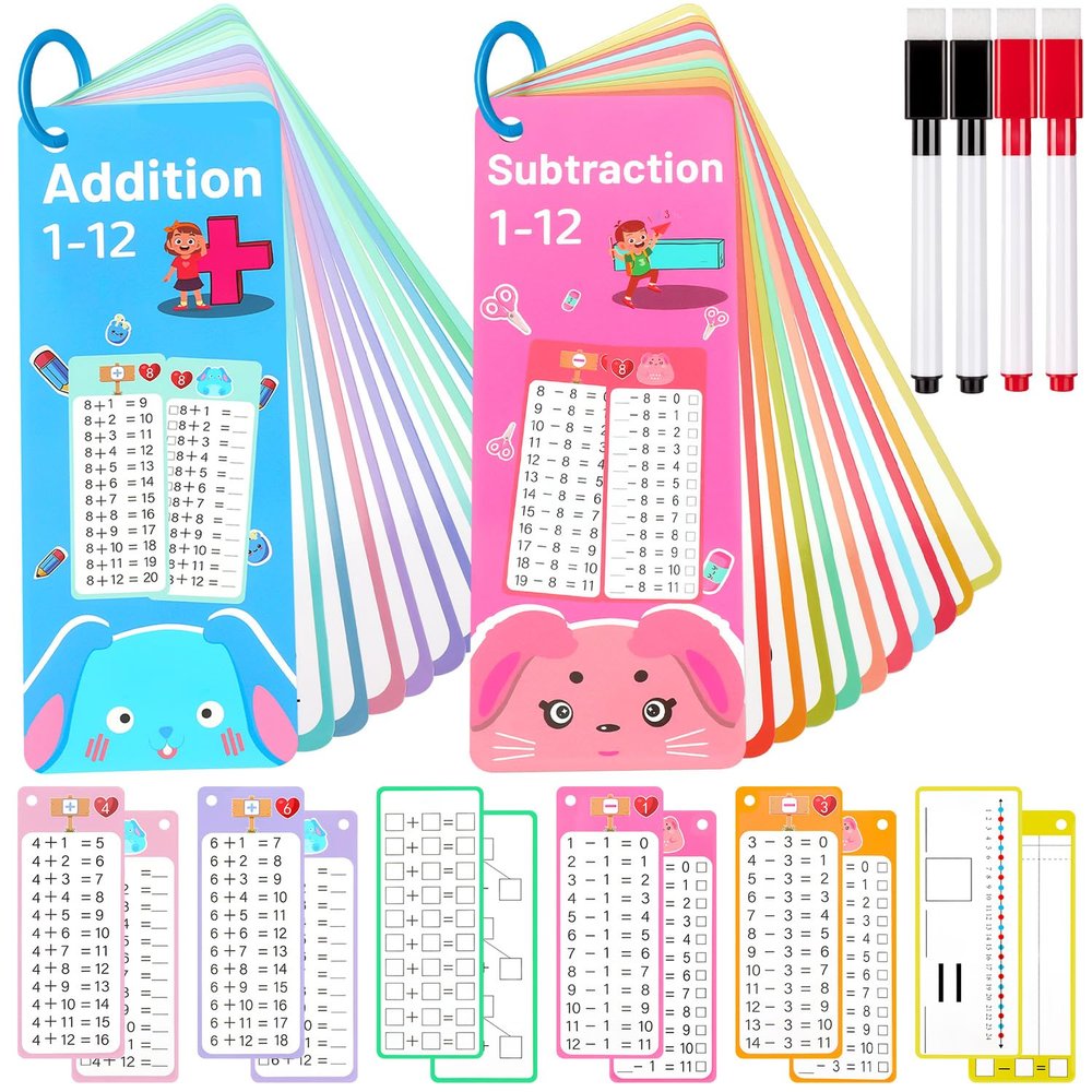 30Pcs Addition and Subtraction Flash Cards, Math Flash Card with 4 Dry Erase Pens 2 Rings, Time Table Flash Cards for 1st to 3rd Grades Fun Learning with Math Game