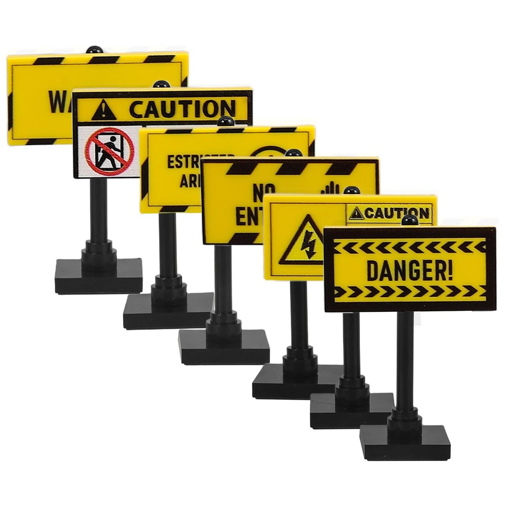 FRCOLOR 6Pcs Mini Warning Signs and Traffic Cones Building Brick Set for Educational Safety Village Street Playset Interactive Roadblock Model Accessories