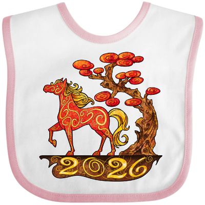 inktastic 2026 Year Of the Horse- Happy New Year's Baby Bib White and Pink 47a69