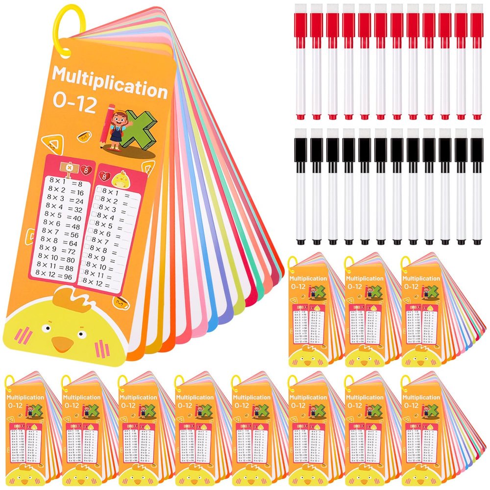 12Set 15Pcs Multiplication Flash Cards, Multiplication Chart 0-12 with 2 Dry Erase Pens 1 Rings, Time Table Flash Cards for 1st to 3rd Grades Fun Learning with Math Game