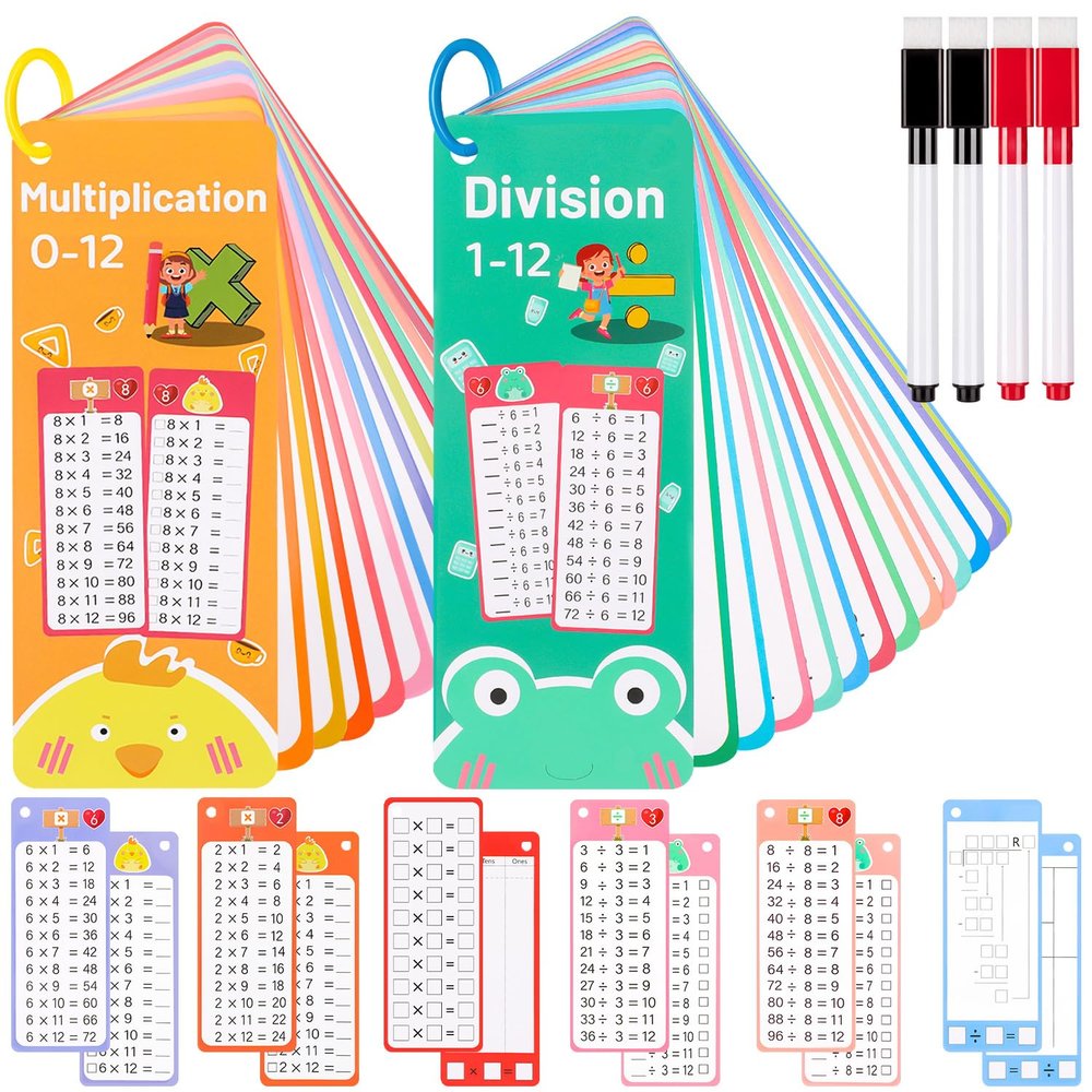 30Pcs Multiplication and Division Flash Cards, Math Flash Card with 4 Dry Erase Pens 2 Rings, Time Table Flash Cards for 1st to 3rd Grades Fun Learning with Math Game