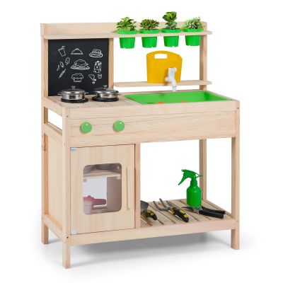 Costzon Mud Kitchen, Wooden Toddler Pretend Cooking Playset w/Runing Water, Blackboard, Water Tank, Faucet, Removable Sink, 4 Planting Pots & Stoves, Outdoor Kids Play Kitchen for Boy, Girl 3+ Years