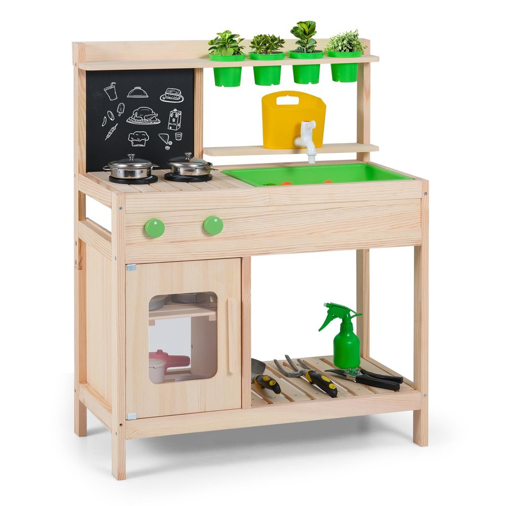 Costzon Mud Kitchen, Wooden Toddler Pretend Cooking Playset w/Runing Water, Blackboard, Water Tank, Faucet, Removable Sink, 4 Planting Pots & Stoves, Outdoor Kids Play Kitchen for Boy, Girl 3+ Years