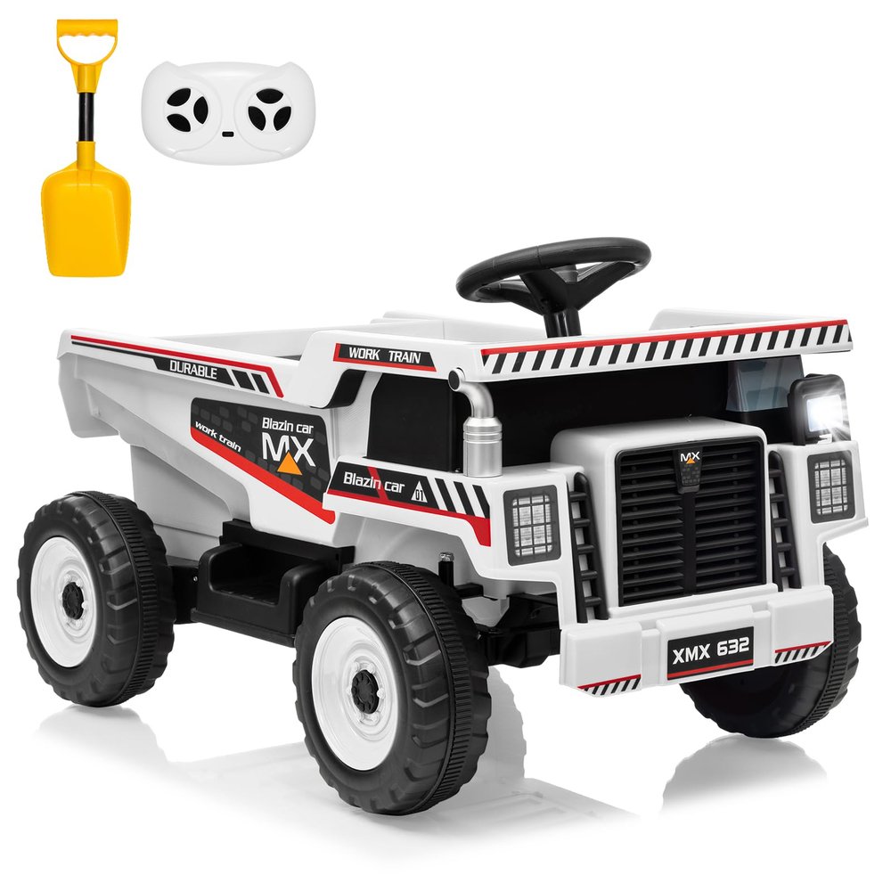 12V Kids Ride-on Dump Truck with Remote Control, Construction Toy with Dump Bed & Shovel, Ride-on Car with Music, Headlights & Soft Start, 16.5" Spacious Seat