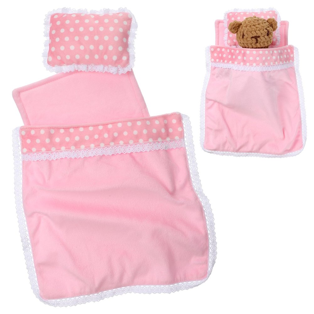 3Pcs Baby Doll Accessories Dolls Bedding Kit Playset Soft Pink Polka Dot Baby Doll Blanket Mattress Pillow Fits 8-12 Inches Dolls for Girls Dollhouse Gifts Bedding Accessories