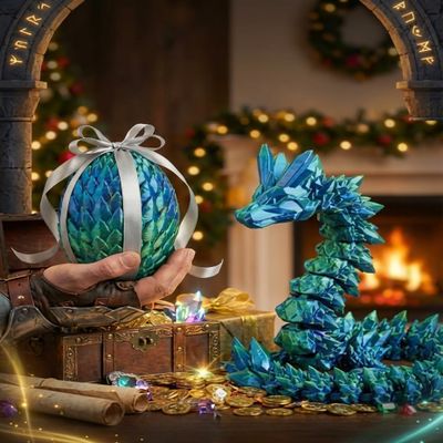 3D Printed Dragon Toy  Poseable Blue-Green Dragon in Egg, Reusable Treasure Chest. Hatchable Fidget Gift for Kids 3-12, Fantasy Collectors (Blue-Green)