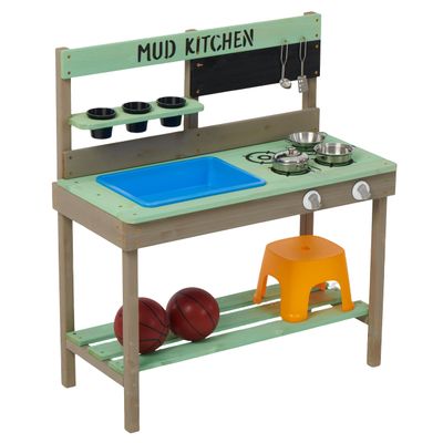 Wooden Kids Play Kitchen with Sink & Water Play Set, Outdoor Mud Kitchen Playset Includes Cooking Toys & Storage for Toddlers Age 3+