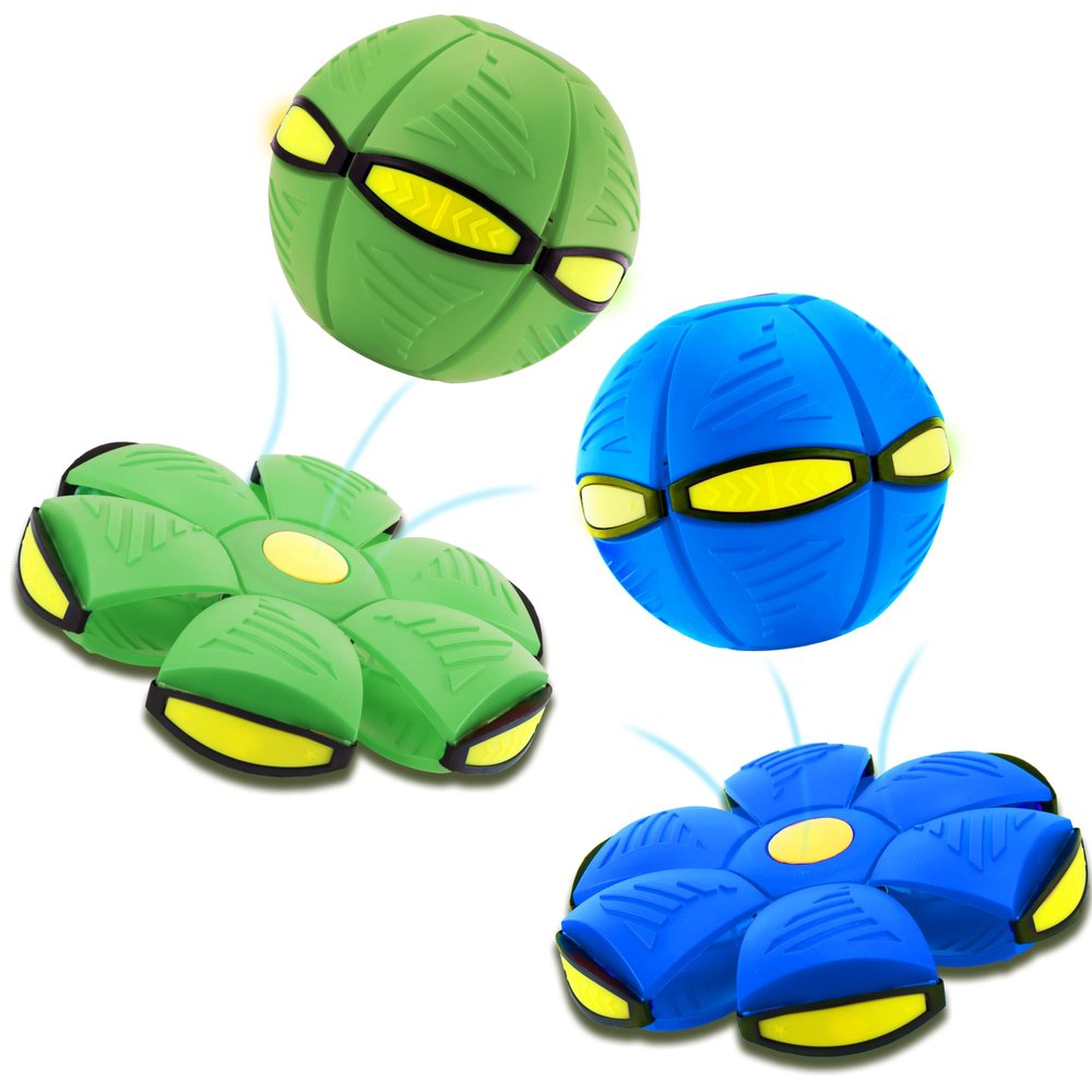 Magic Metaball, Children's Bouncing Ball, 2PCS Magic Flying Saucer Interactive Pop-Up Transform Toy, Parent-Child Interaction Blue and Green Bouncy Ball, Delay Frisbee Flying Disc Toy with 6 Light