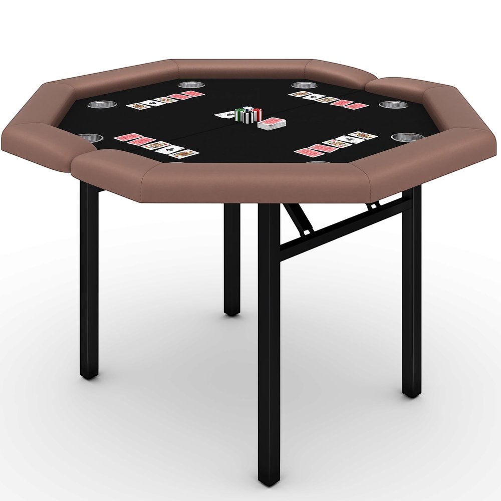 LuyFuitre 48" Folding Poker Table with 8 Players, Protable Folding Game Table Padded Rails  Stainless Steel Cup Holders  Collapsible Metal Legs, Octagon Casino Table for Texas Holdem Games - Brown