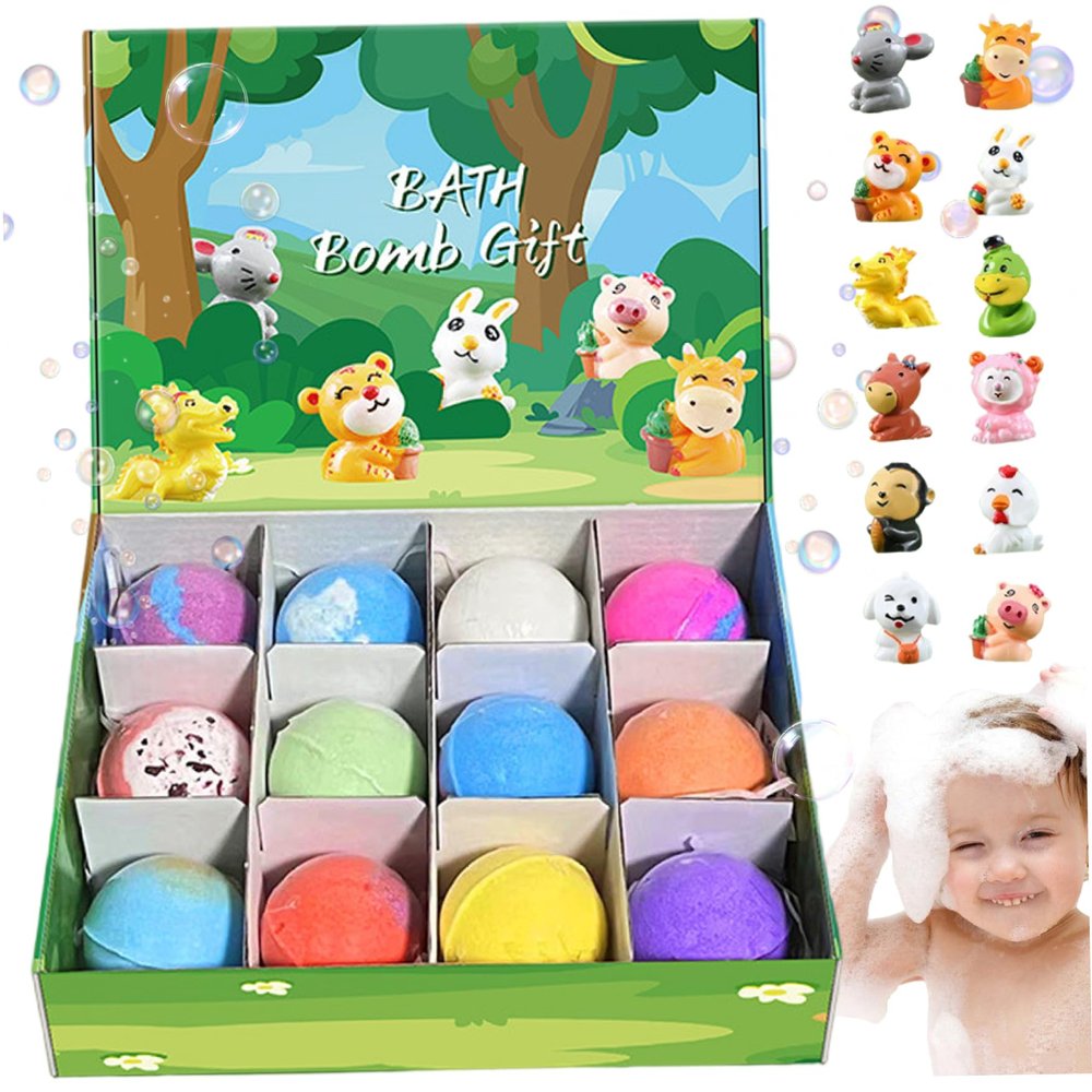 12Pcs/Set Bath Bombs with Toys Inside 2 Inch Bath Bombs with Cute Animal Toys, Child-Safe Fizzy Colorful Bubble Bathroom Supplies for Kids, Green