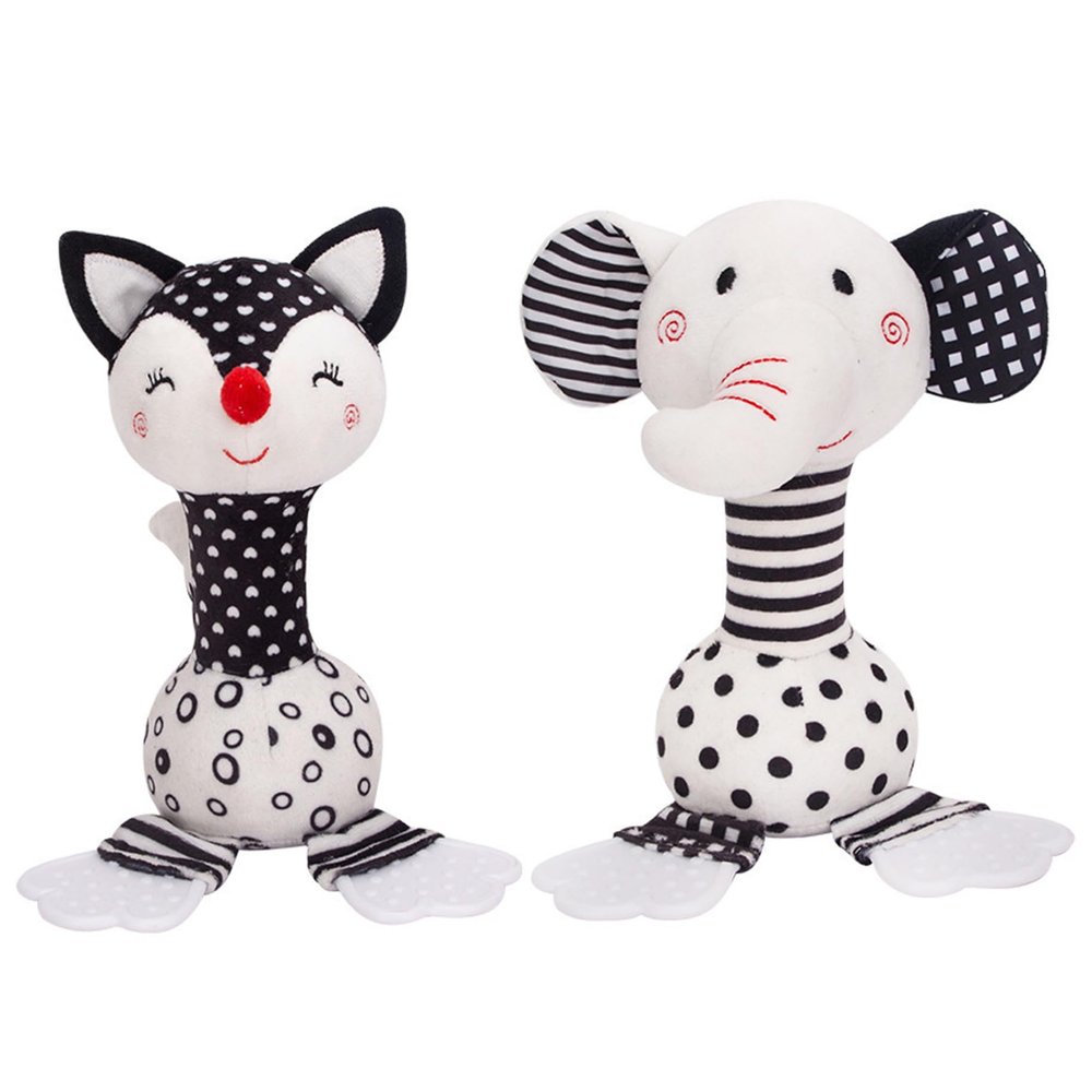 Black and White Baby Toys, 2PCS Soft Rattle for 0-12 Month Baby, Black and White Newborn Toys with Teether and Sound, Developmental Newborn Toy