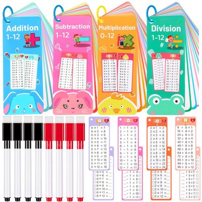 60Pcs Multiplication Division Addition and Subtraction Flash Card, Math Flash Cards with 8 Dry Erase Pens 4 Rings, Time Table Flash Cards for 1st to 3rd Grades Fun Learning with Math Game
