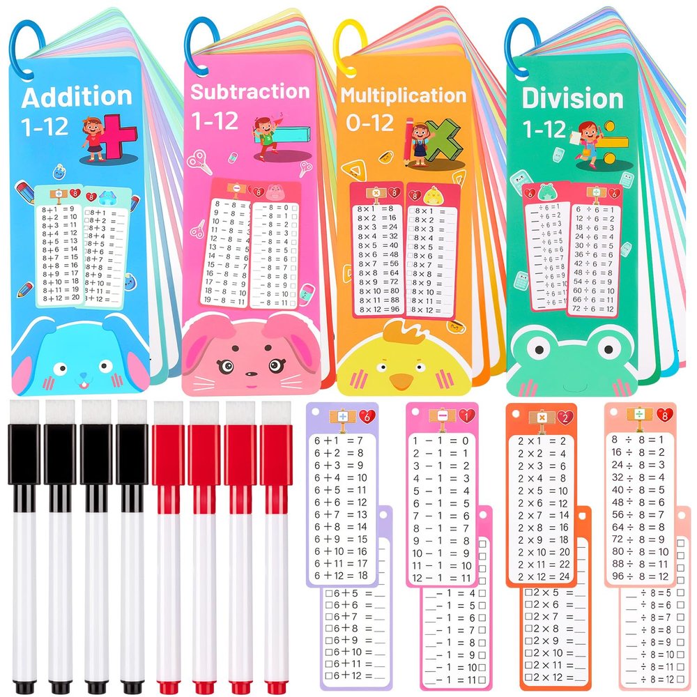 60Pcs Multiplication Division Addition and Subtraction Flash Card, Math Flash Cards with 8 Dry Erase Pens 4 Rings, Time Table Flash Cards for 1st to 3rd Grades Fun Learning with Math Game