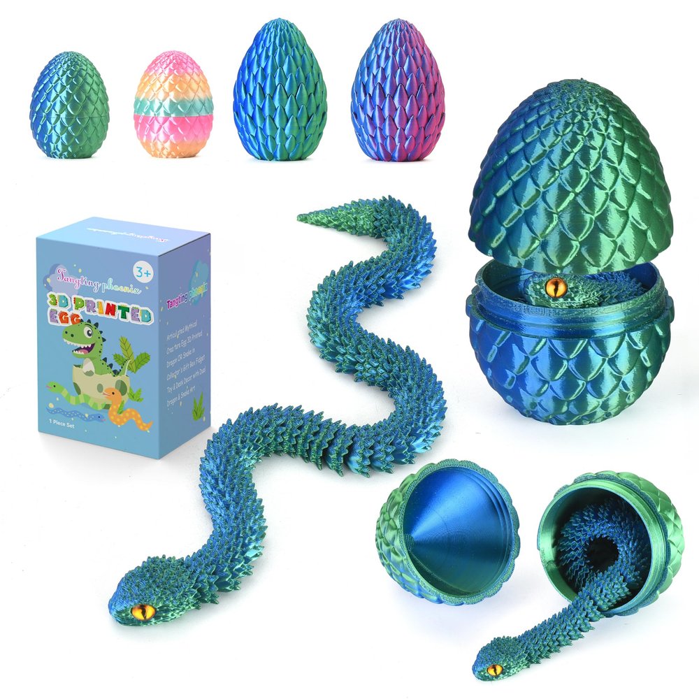 3D-Printed Toys Snake Egg with Poseable Crystal Serpent, Reusable Treasure Chest. Gift for Fidget, Mythology Fans, Kids. (Bluegreen)