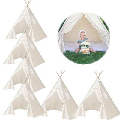6 PCS Teepee Tent for Kids,Washable Tapered Kids Teepee Tent,Bohemian Teepee Tents,White Collapsible Sleepover Tents,for Boys and Girls Sleepover Pajamas Party Birthday SPA