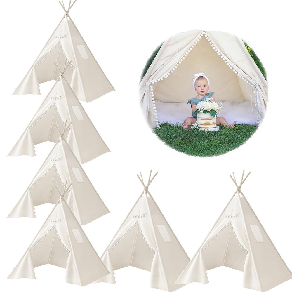 6 PCS Teepee Tent for Kids,Washable Tapered Kids Teepee Tent,Bohemian Teepee Tents,White Collapsible Sleepover Tents,for Boys and Girls Sleepover Pajamas Party Birthday SPA