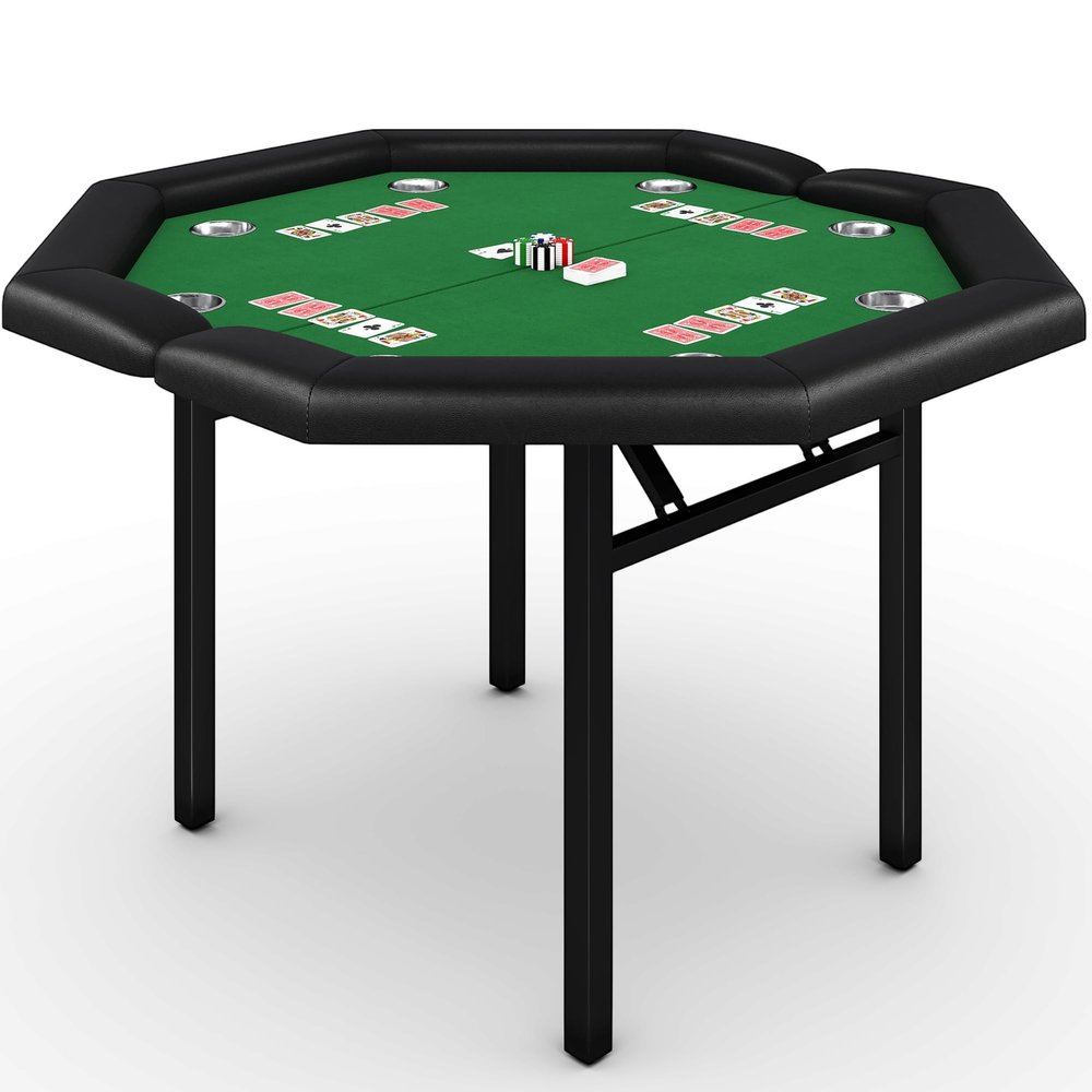 LuyFuitre 48" Folding Poker Table with 8 Players, Protable Folding Game Table Padded Rails  Stainless Steel Cup Holders  Collapsible Metal Legs, Octagon Casino Table for Texas Holdem Games - Green