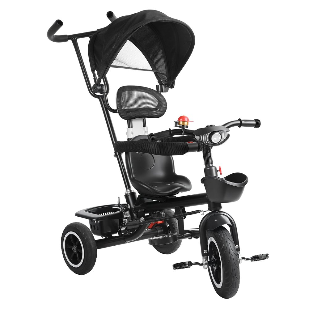 Kids Tricycle, 6 in 1 Toddler Trike w/Adjustable Push Handle, Removable Canopy, Safety Harness, Music Headlight, Storage Basket, Kid Push Bike for 3-6 Years Old (Black)