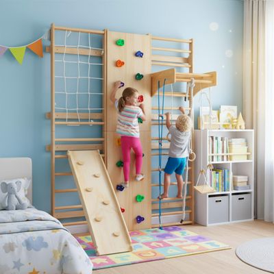 10-in-1 Indoor & Outdoor Wooden Playset for Kids, All-in-One Climbing Playground with Slide, Monkey Bars, Swing, Rock Wall, Climbing Net, Rings & Ladder Sturdy Backyard Adventure Set for Active Play