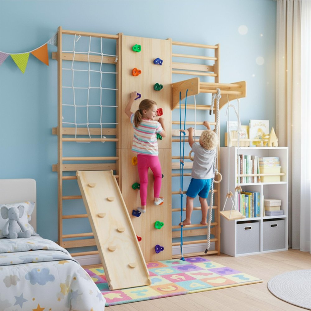 10-in-1 Indoor & Outdoor Wooden Playset for Kids, All-in-One Climbing Playground with Slide, Monkey Bars, Swing, Rock Wall, Climbing Net, Rings & Ladder Sturdy Backyard Adventure Set for Active Play