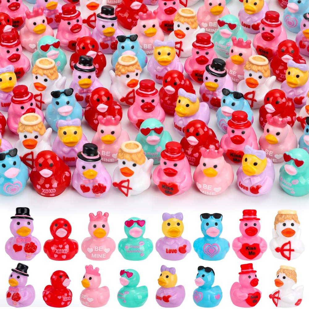 120 Pcs Valentine's Day Mini Resin Ducks 8 Style Bulk Love Heart Duck Figures to Hide for Valentines Gifts Home Tabletop Garden Miniature Landscape Cake Birthday Party Decor