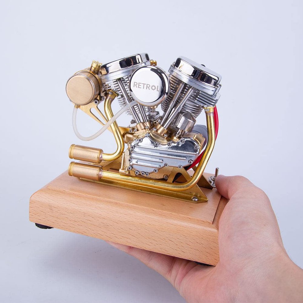 Steam Engine Model Kit That Works, Retrol 4.2CC V-Twin 4-Stroke Gasoline Engine Model, 1:5 Scale Panhead Motorcycle Engine Replica for Physics Science Experiment Demonstration