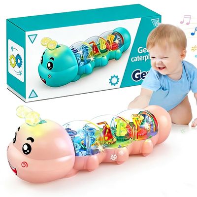 AIZAN Caterpillar Design Tummy Time Toy, Crawling Toy with Light & Music Musical Light Up, Music Animal Toys, Captivating Light and Sound Effects, Birthday Gifts for Boys and Girl(Pink)