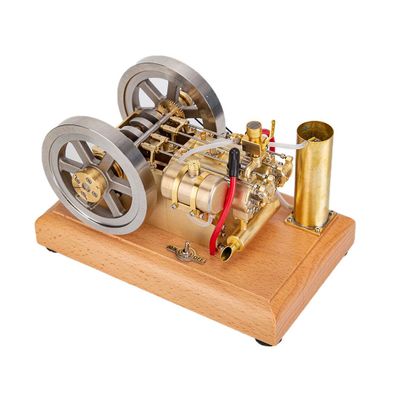 Steam Engine Model Kit That Works, 5CC Horizontal Twin-Cylinder Dual Flywheel Water-Cooled OHV Gasoline Engine with Wooden Base for Physics Science Experiment Demonstration