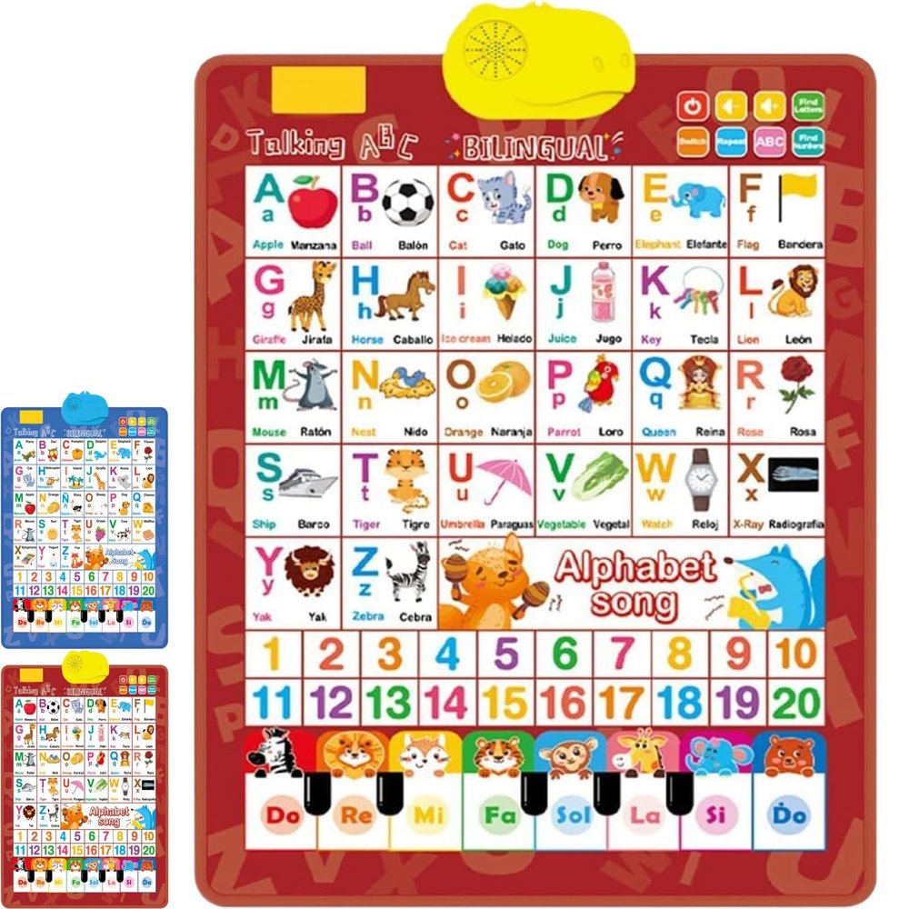 Bilingual Interactive Wall Chart for Kids  with English & Spanish Letters, Numbers, Songs, Animal Words & Piano for Toddlers 1-6 (red)