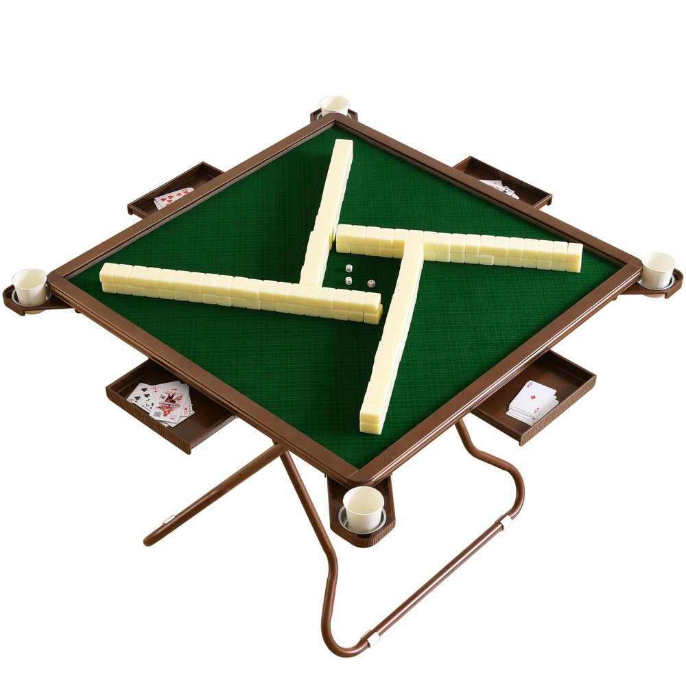 Mahjong Table Foldable, Portable Domino Table with 4 Cup Holders & 4 Drawers for 4 Players, 35' Square Green Card Table for Game Night, Bast Gift