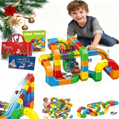 3D Infinity Track, DIY 3D Stem Electric Train Set with Train and Traffic Signs, Strengthen Logic Cube Track, Gravity Tracks with Mix-and-Match Stem Cubes, Screen-Free Stem (123Pcs)