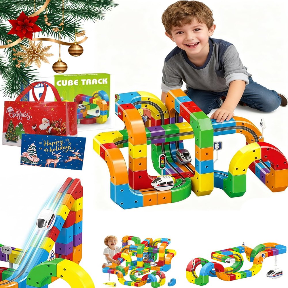 3D Infinity Track, DIY 3D Stem Electric Train Set with Train and Traffic Signs, Strengthen Logic Cube Track, Gravity Tracks with Mix-and-Match Stem Cubes, Screen-Free Stem (123Pcs)