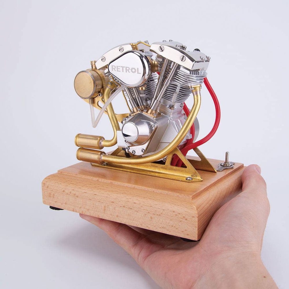 Steam Engine Model Kit That Works, Retrol 4.2CC V-Twin 4-Stroke Gasoline Engine, 1:5 Scale 1960s Shovelhead Motorcycle Engine Replica for Physics Science Experiment Demonstration