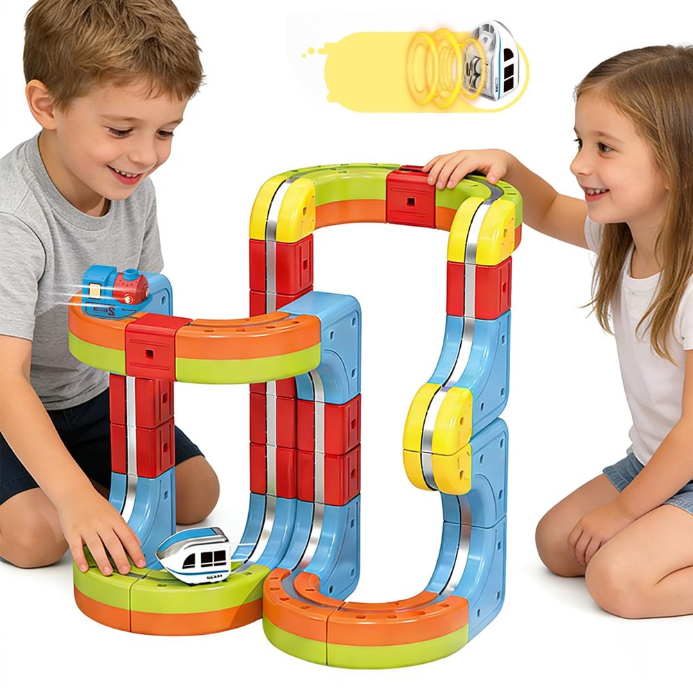 Electric Train Set with 2 Trains, Infinity Racer 3D Train for Kids, DIY Railway Block- Cube Track Train Toys, STEM Gravity-Defying Magnetic Train Track for Boys Girls 4 5 6 7 8+(48PCS)
