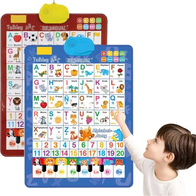 Bilingual Interactive Wall Chart for Kids with English & Spanish Letters, Numbers, Songs, Animal Words & Piano for Toddlers 1-6 (Red + Blue)