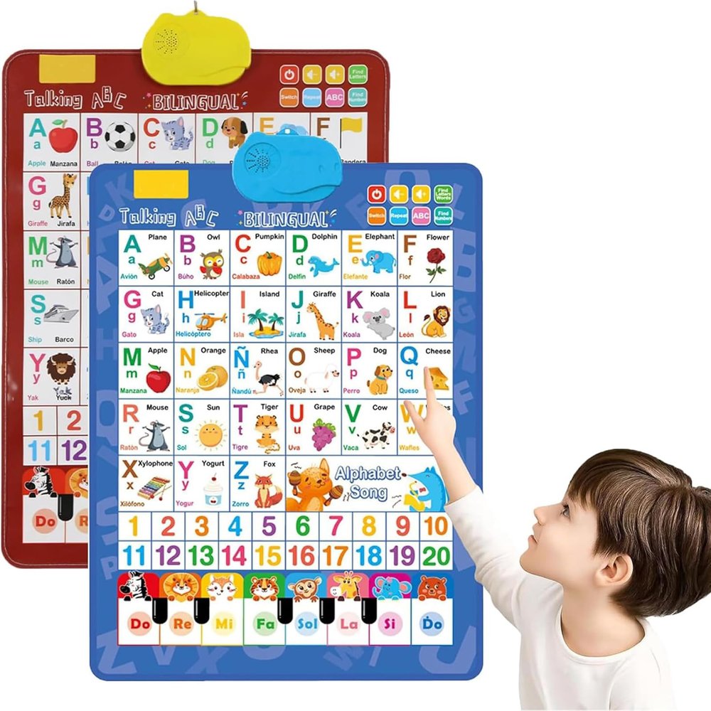 Bilingual Interactive Wall Chart for Kids  with English & Spanish Letters, Numbers, Songs, Animal Words & Piano for Toddlers 1-6 (Red + Blue)