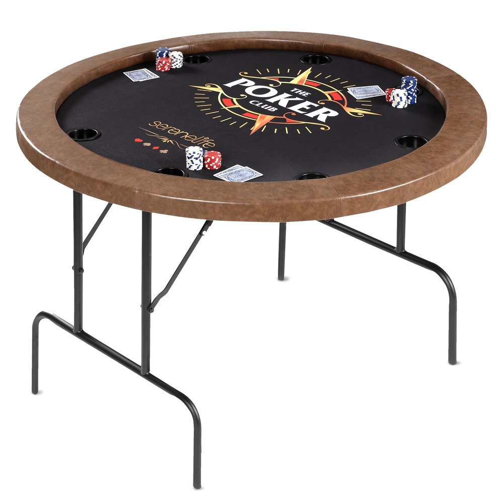 SereneLife 8 Player Octagonal Foldable Poker Table, Casino Leisure Texas Holdem Table, w/Water Resistant Cushioned Rail, 8 Cup Holders, Brown Felt Surface, Black Jack Board & Family Games
