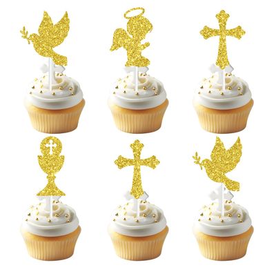 16Pcs Religious Baptism Cupcake Toppers - God Bless Cake Picks, Christian Dove Cross Decor, First Holy Communion, Christening Wedding Baby Shower Bridal Shower Party Decorations